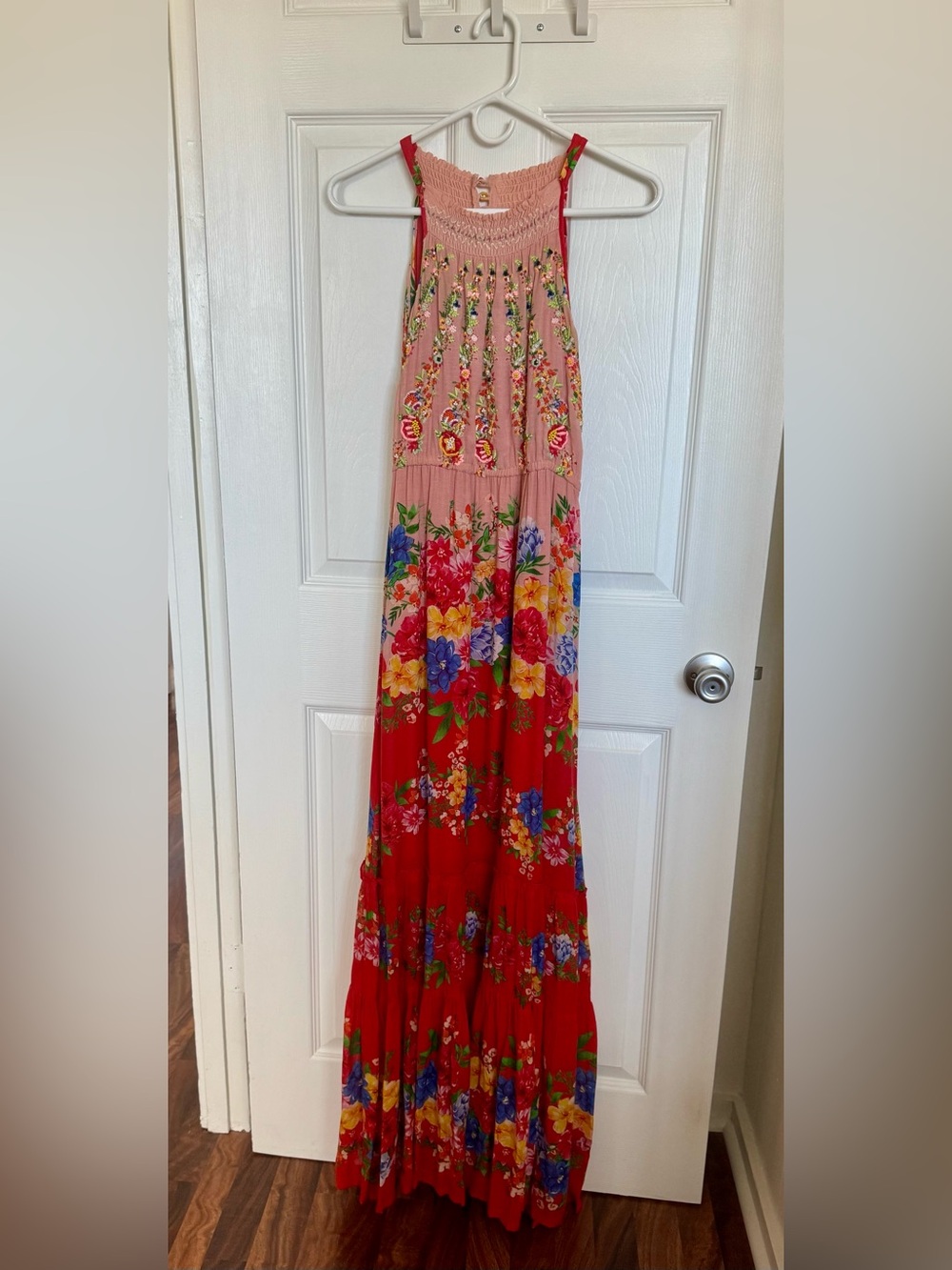 Smocked Halter Floral Maxi Dress in Red and Pink